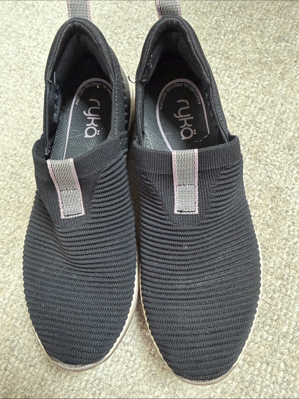 Ryka Black Knit Slip-On Sneakers with Light Pink Tabs